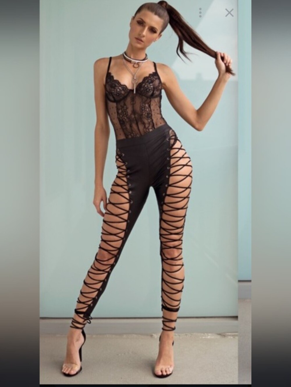 🆕 Lace-Up Side Cutout High-Waist Pants And Sexy Top All-in One Piece🍓🩷🖤